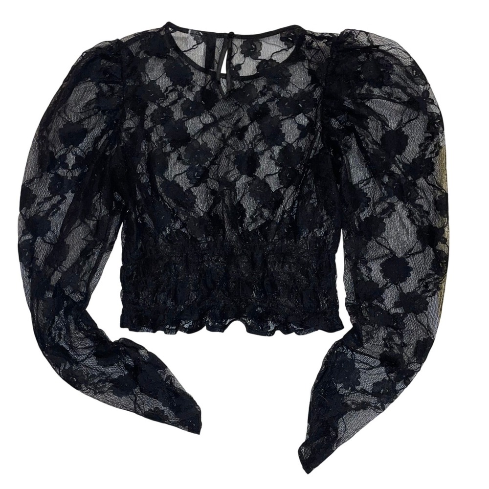 H&M Black Lace Puff Sleeve Top Sheer Romantic Coquette Going Out Blouse - Picture 2 of 7